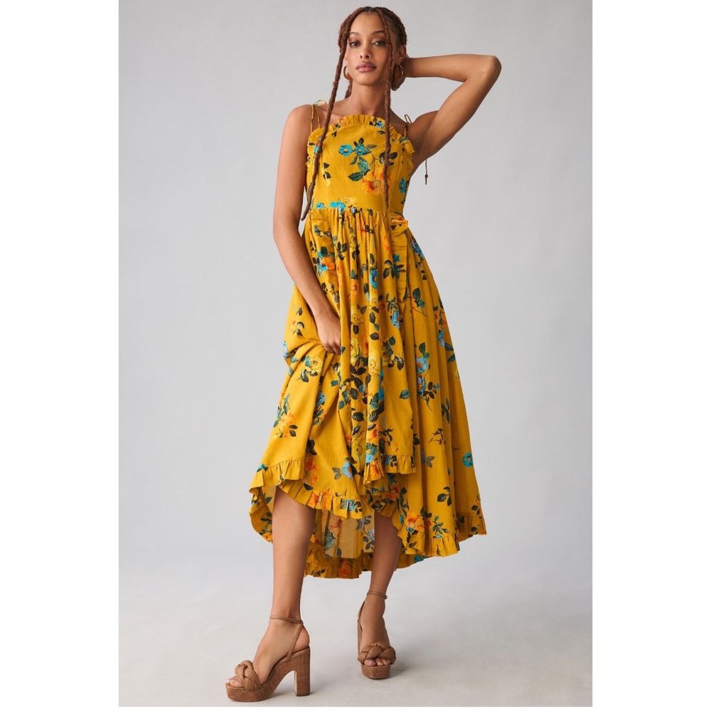 Anthropologie Maeve High-Low Pleated-Trim Dress in MAIZE NWT
